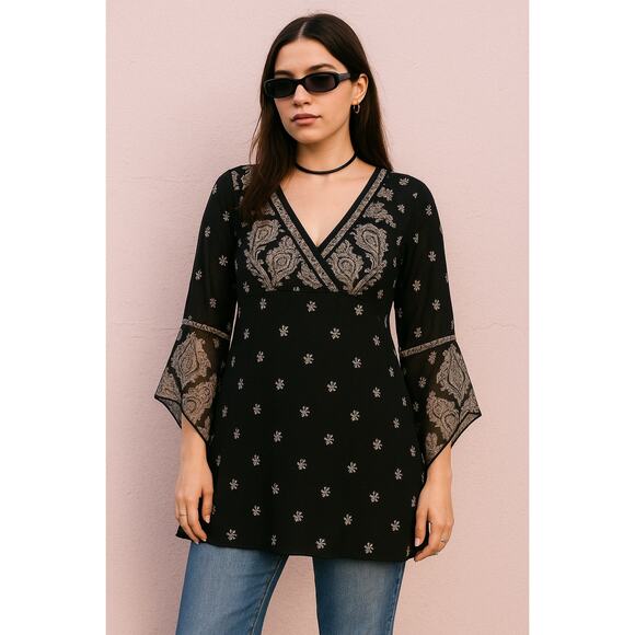 Y2K Black V Neck Floral Paisley Print Fairy Sleeves Silk Baby Doll Top Size XL - Picture 1 of 7